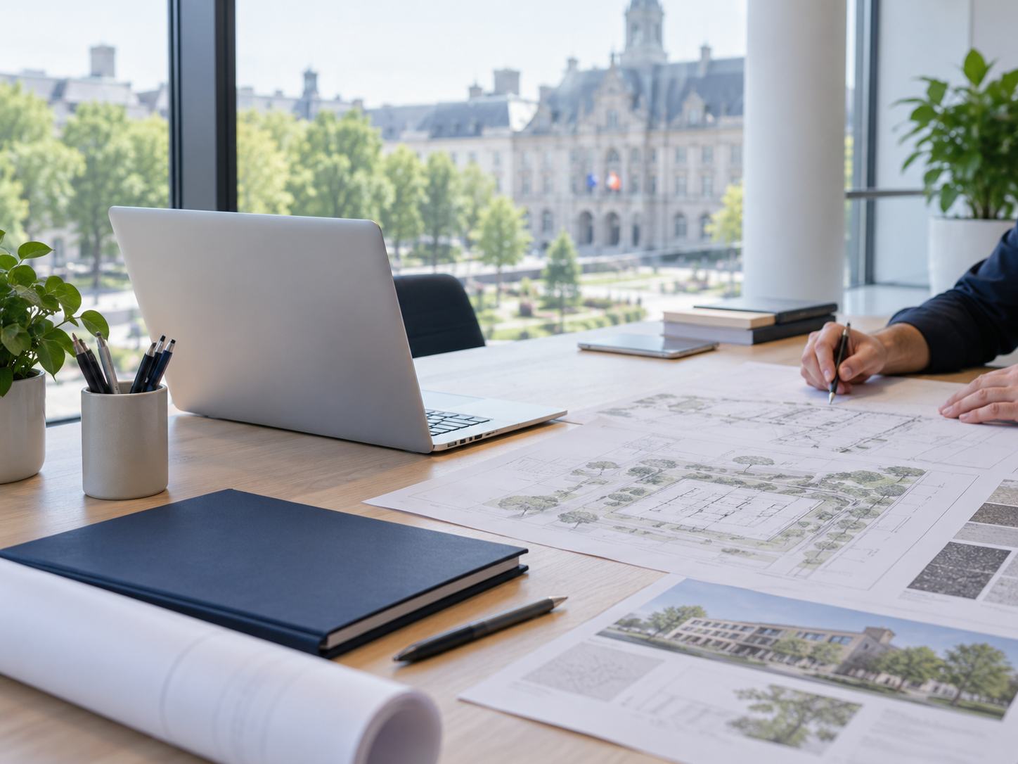 Préparation d’un projet public : plans, documents et ordinateur dans un bureau lumineux